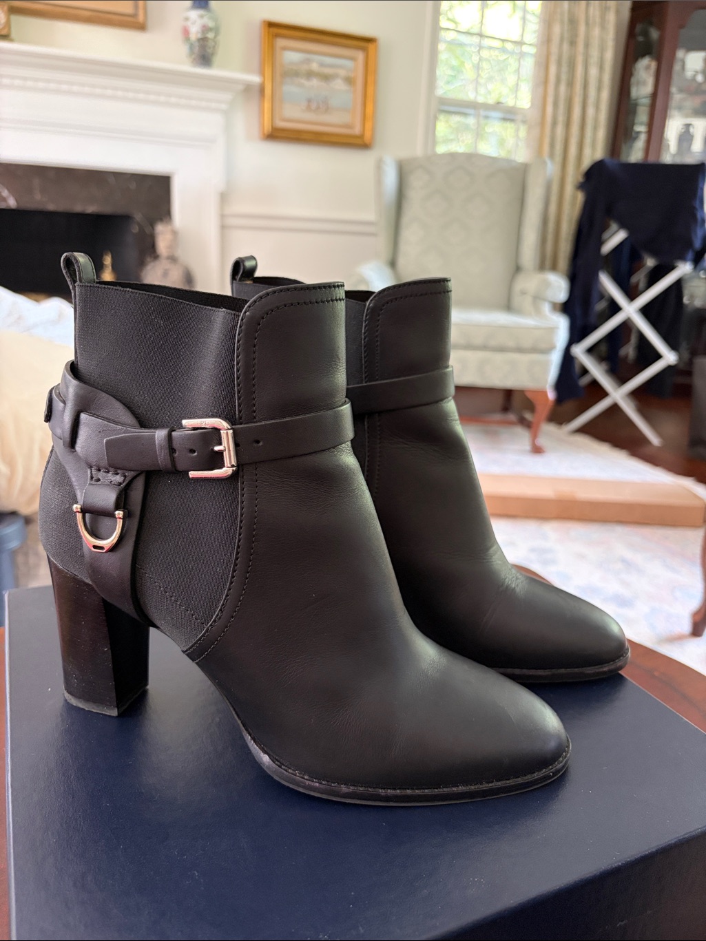 Ralph Lauren Black Leather Ankle Boot With Buckle Strap